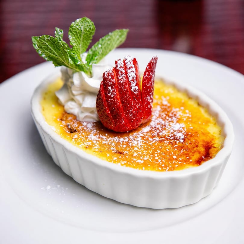 Crème brûlée in a white ramekin, topped with whipped cream, strawberries, and mint.